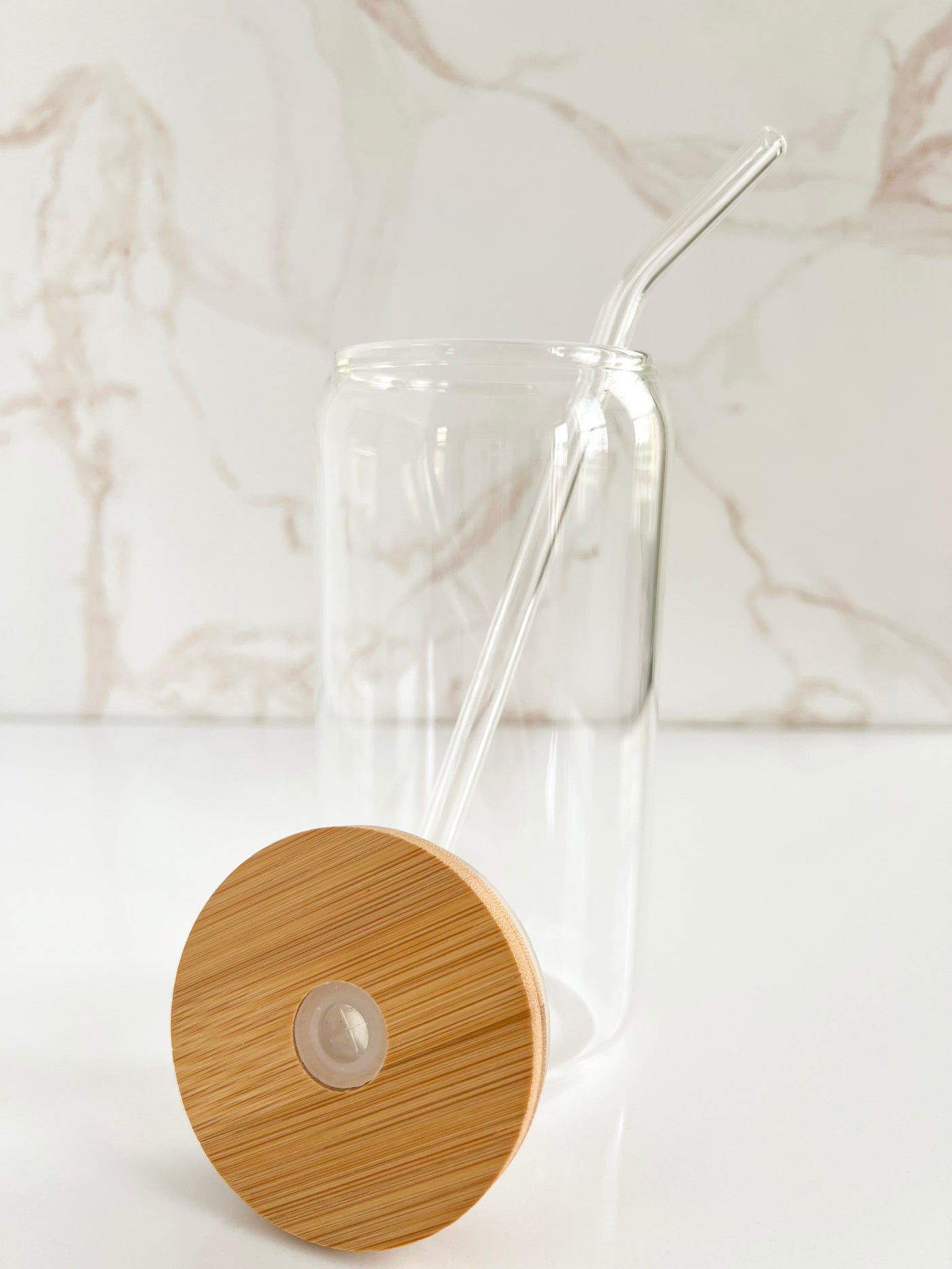 Glass Mug With Wooden Lid + Glass Straw