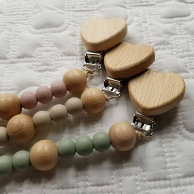 Silicone Bead & Wooden Heart Pacifier Clip: Green